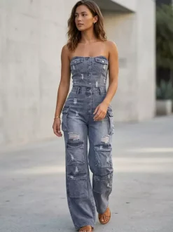 Combinaison cargo bustier en jean pour femme - Combinaison moulante bleue Y2K déchirée à jambes larges avec poche - Soirée d'été en boîte 2026