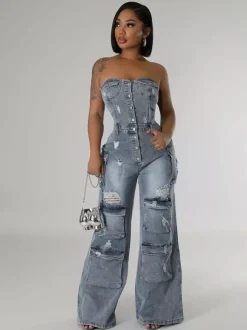 Combinaison cargo bustier en jean pour femme - Combinaison moulante bleue Y2K déchirée à jambes larges avec poche - Soirée d'été en boîte 2026