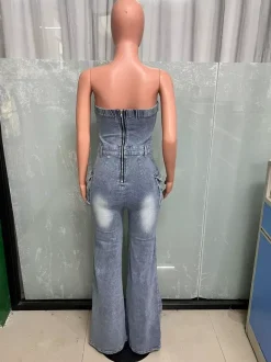Combinaison cargo bustier en jean pour femme - Combinaison moulante bleue Y2K déchirée à jambes larges avec poche - Soirée d'été en boîte 2026