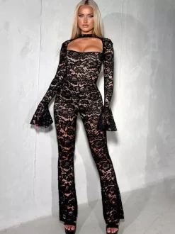 Combinaison de club décontractée en polyester manches longues col licou dentelle vêtements de club