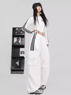 Combinaison de danse de rue pour femme tenue de jazz tendance blanche contrastée avec laçage pantalon hip-hop slim