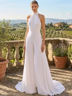 Combinaison de mariée dos nu robe de mariée deux pièces en mousseline plissée longueur au sol col rond sans manches