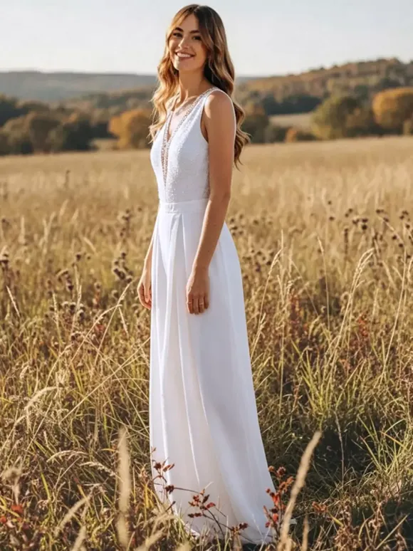 Combinaison de mariée en mousseline longue jusqu'au sol col en V sans manches taille naturelle ivoire