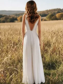 Combinaison de mariée en mousseline longue jusqu'au sol col en V sans manches taille naturelle ivoire
