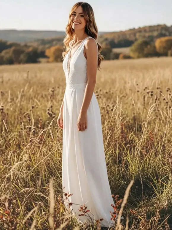 Combinaison de mariée en mousseline longue jusqu'au sol col en V sans manches taille naturelle ivoire