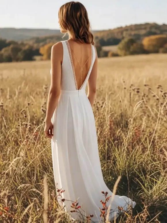 Combinaison de mariée en mousseline longue jusqu'au sol col en V sans manches taille naturelle ivoire