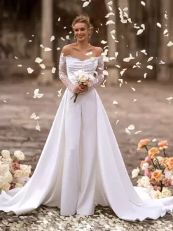 Combinaison de mariée Robe de mariée 2 Pièces Cou original Tissu de satin détail zip Robes de mariée