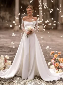 Combinaison de mariée Robe de mariée 2 Pièces Cou original Tissu de satin détail zip Robes de mariée