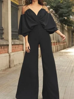 Combinaison de soirée noir col V manche bouffant en stretch crêpe Tenue de soirée femme