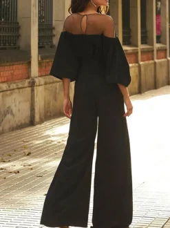 Combinaison de soirée noir col V manche bouffant en stretch crêpe Tenue de soirée femme
