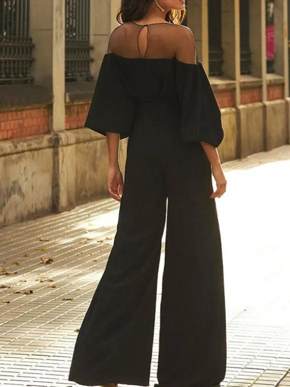 Combinaison de soirée noir col V manche bouffant en stretch crêpe Tenue de soirée femme
