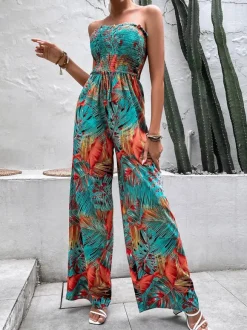 Combinaison D'été Large Sans Bretelles Imprimée Sans Manches À Lacets Vert Grand Pantalon