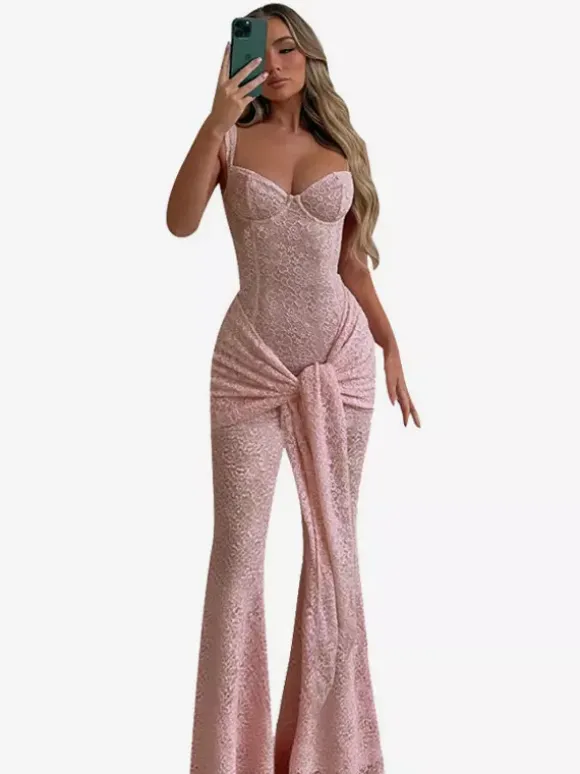 Combinaison en dentelle rose Fairycore pour femme - Combinaison évasée à nouer sur le devant - Tenue romantique d'été pour une soirée en amoureux 2026