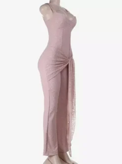 Combinaison en dentelle rose Fairycore pour femme - Combinaison évasée à nouer sur le devant - Tenue romantique d'été pour une soirée en amoureux 2026
