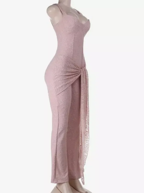 Combinaison en dentelle rose Fairycore pour femme - Combinaison évasée à nouer sur le devant - Tenue romantique d'été pour une soirée en amoureux 2026