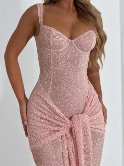 Combinaison en dentelle rose Fairycore pour femme - Combinaison évasée à nouer sur le devant - Tenue romantique d'été pour une soirée en amoureux 2026