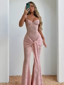 Combinaison en dentelle rose Fairycore pour femme - Combinaison évasée à nouer sur le devant - Tenue romantique d'été pour une soirée en amoureux 2026