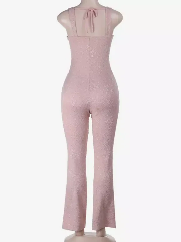 Combinaison en dentelle rose Fairycore pour femme - Combinaison évasée à nouer sur le devant - Tenue romantique d'été pour une soirée en amoureux 2026