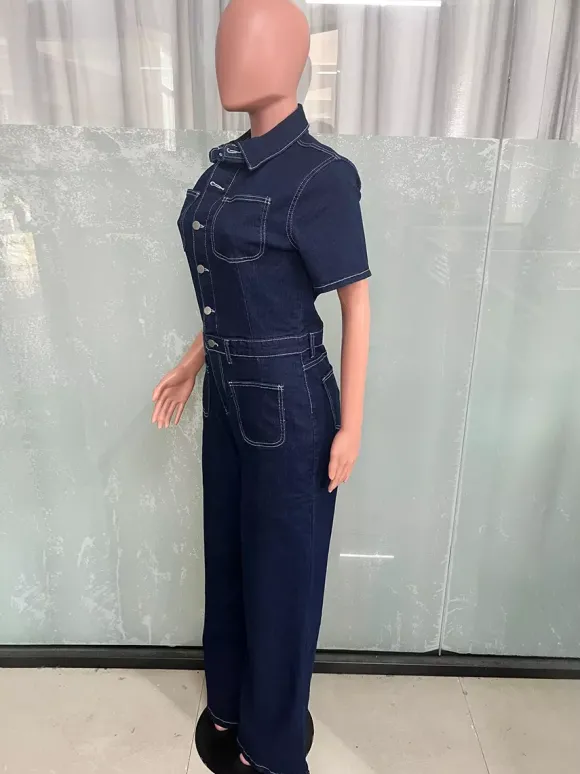 Combinaison en jean à coutures contrastées pour femme - Combinaison rétro bleu foncé délavée à manches courtes et jambes larges - Collection streetwear décontractée printemps 2026