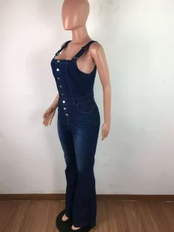 Combinaison en jean délavé boutonnée pour femme - Salopette bleu foncé rétro moulante à jambes évasées - Style streetwear chic d'été 2026