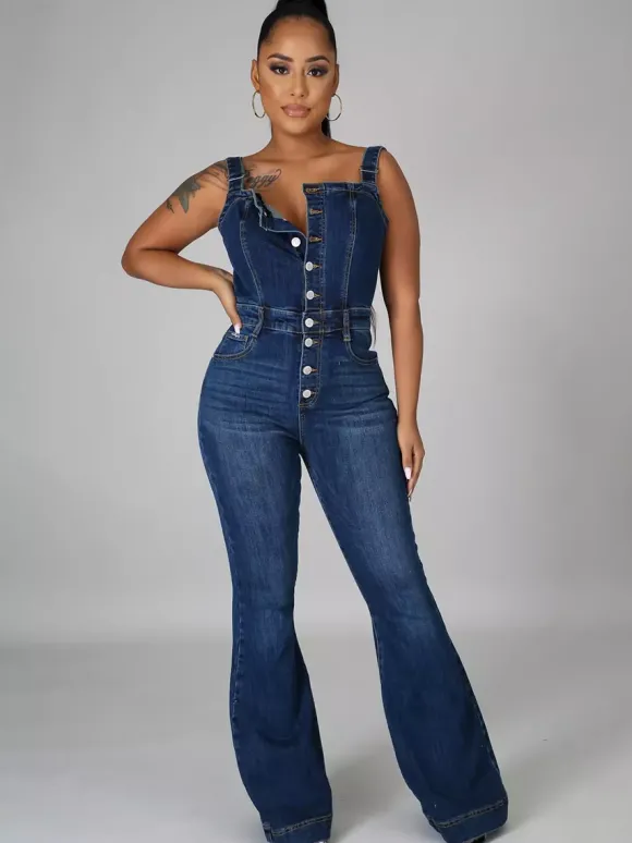 Combinaison en jean délavé boutonnée pour femme - Salopette bleu foncé rétro moulante à jambes évasées - Style streetwear chic d'été 2026