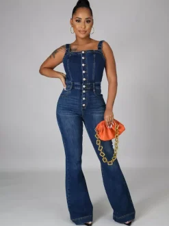 Combinaison en jean délavé boutonnée pour femme - Salopette bleu foncé rétro moulante à jambes évasées - Style streetwear chic d'été 2026