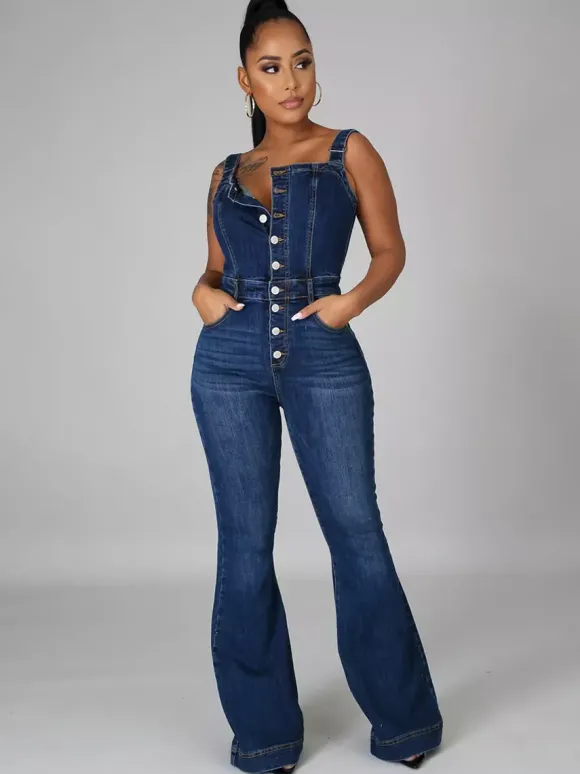 Combinaison en jean délavé boutonnée pour femme - Salopette bleu foncé rétro moulante à jambes évasées - Style streetwear chic d'été 2026