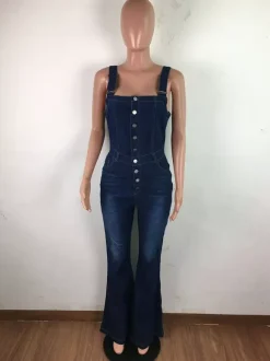 Combinaison en jean délavé boutonnée pour femme - Salopette bleu foncé rétro moulante à jambes évasées - Style streetwear chic d'été 2026