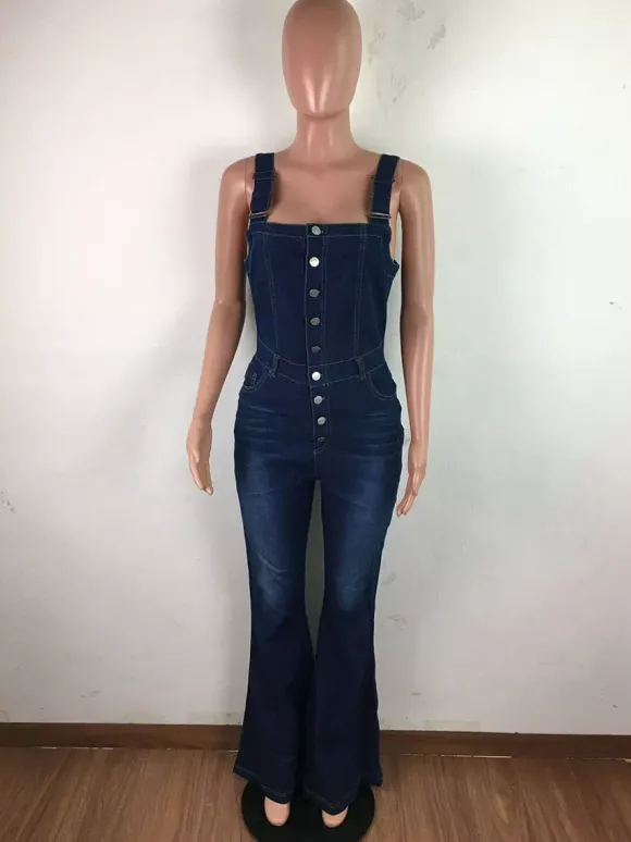 Combinaison en jean délavé boutonnée pour femme - Salopette bleu foncé rétro moulante à jambes évasées - Style streetwear chic d'été 2026