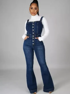 Combinaison en jean délavé boutonnée pour femme - Salopette bleu foncé rétro moulante à jambes évasées - Style streetwear chic d'été 2026
