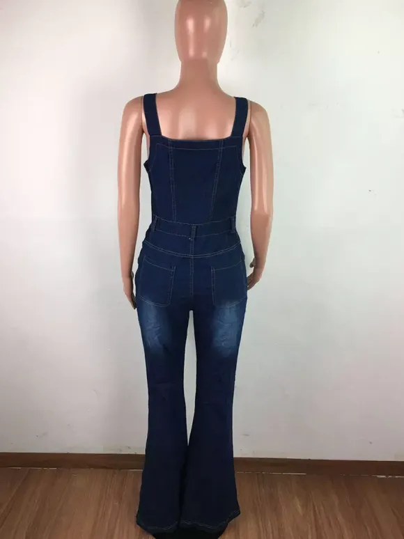 Combinaison en jean délavé boutonnée pour femme - Salopette bleu foncé rétro moulante à jambes évasées - Style streetwear chic d'été 2026