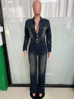 Combinaison en jean délavé pour femme - Combinaison cargo vintage bleu foncé à manches longues et ceinture - Collection printemps 2026