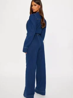 Combinaison en jean à manches bouffantes pour femme - Combinaison bleu foncé rétro à jambes larges et ceinture boutonnée sur le devant - Tenue décontractée de printemps 2026
