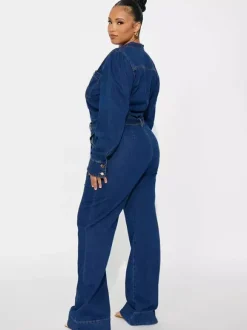 Combinaison en jean à manches bouffantes pour femme - Combinaison bleu foncé rétro à jambes larges et ceinture boutonnée sur le devant - Tenue décontractée de printemps 2026