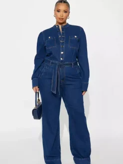 Combinaison en jean à manches bouffantes pour femme - Combinaison bleu foncé rétro à jambes larges et ceinture boutonnée sur le devant - Tenue décontractée de printemps 2026