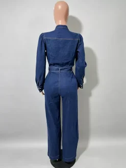 Combinaison en jean à manches bouffantes pour femme - Combinaison bleu foncé rétro à jambes larges et ceinture boutonnée sur le devant - Tenue décontractée de printemps 2026