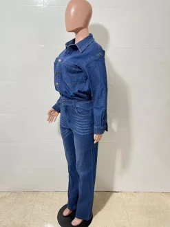 Combinaison en jean à manches longues pour femme - Combinaison une pièce bleue à boutons et jambes droites - Style streetwear décontracté printemps 2026
