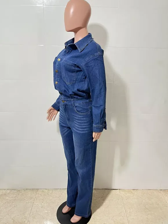 Combinaison en jean à manches longues pour femme - Combinaison une pièce bleue à boutons et jambes droites - Style streetwear décontracté printemps 2026