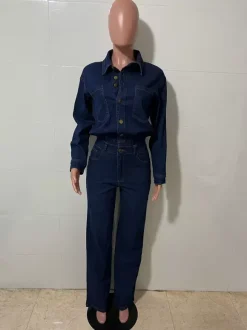 Combinaison en jean à manches longues pour femme - Combinaison une pièce bleue à boutons et jambes droites - Style streetwear décontracté printemps 2026