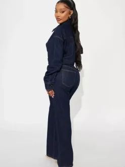 Combinaison en jean à manches longues pour femme - Combinaison une pièce bleue à boutons et jambes droites - Style streetwear décontracté printemps 2026