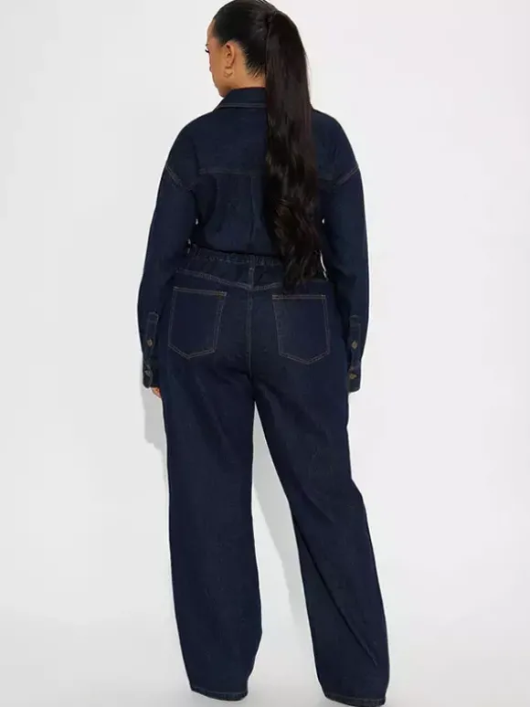 Combinaison en jean à manches longues pour femme - Combinaison une pièce bleue à boutons et jambes droites - Style streetwear décontracté printemps 2026