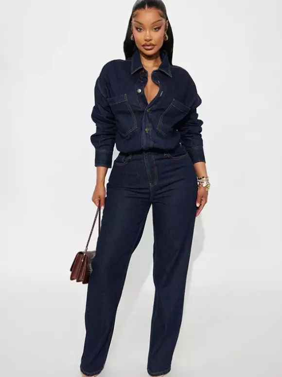 Combinaison en jean à manches longues pour femme - Combinaison une pièce bleue à boutons et jambes droites - Style streetwear décontracté printemps 2026