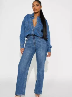 Combinaison en jean à manches longues pour femme - Combinaison une pièce bleue à boutons et jambes droites - Style streetwear décontracté printemps 2026