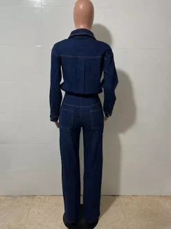 Combinaison en jean à manches longues pour femme - Combinaison une pièce bleue à boutons et jambes droites - Style streetwear décontracté printemps 2026