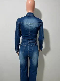 Combinaison en jean à manches longues pour femme - Délavage foncé vintage coupe slim jambes droites fermeture boutonnée - Printemps/Été 2026