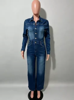 Combinaison en jean à manches longues pour femme - Délavage foncé vintage coupe slim jambes droites fermeture boutonnée - Printemps/Été 2026