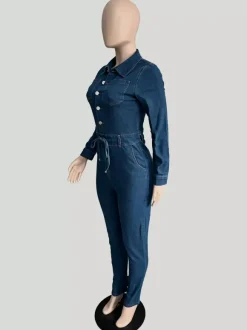 Combinaison en jean skinny pour femme - Délavage foncé sexy moulante taille à cordon coupe slim - Collection printemps décontractée 2026