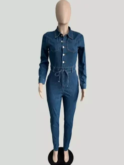 Combinaison en jean skinny pour femme - Délavage foncé sexy moulante taille à cordon coupe slim - Collection printemps décontractée 2026