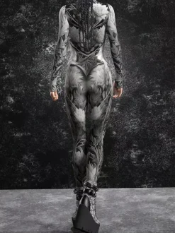 Combinaison moulante cyberpunk Zentai pour femme style Burning Man exosquelette futuriste à manches longues.