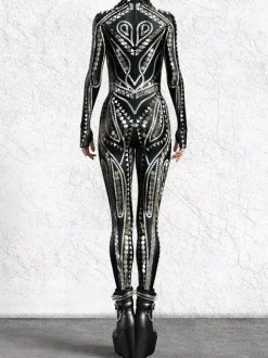 Combinaison moulante cyberpunk Zentai pour femme style Burning Man exosquelette futuriste à manches longues.